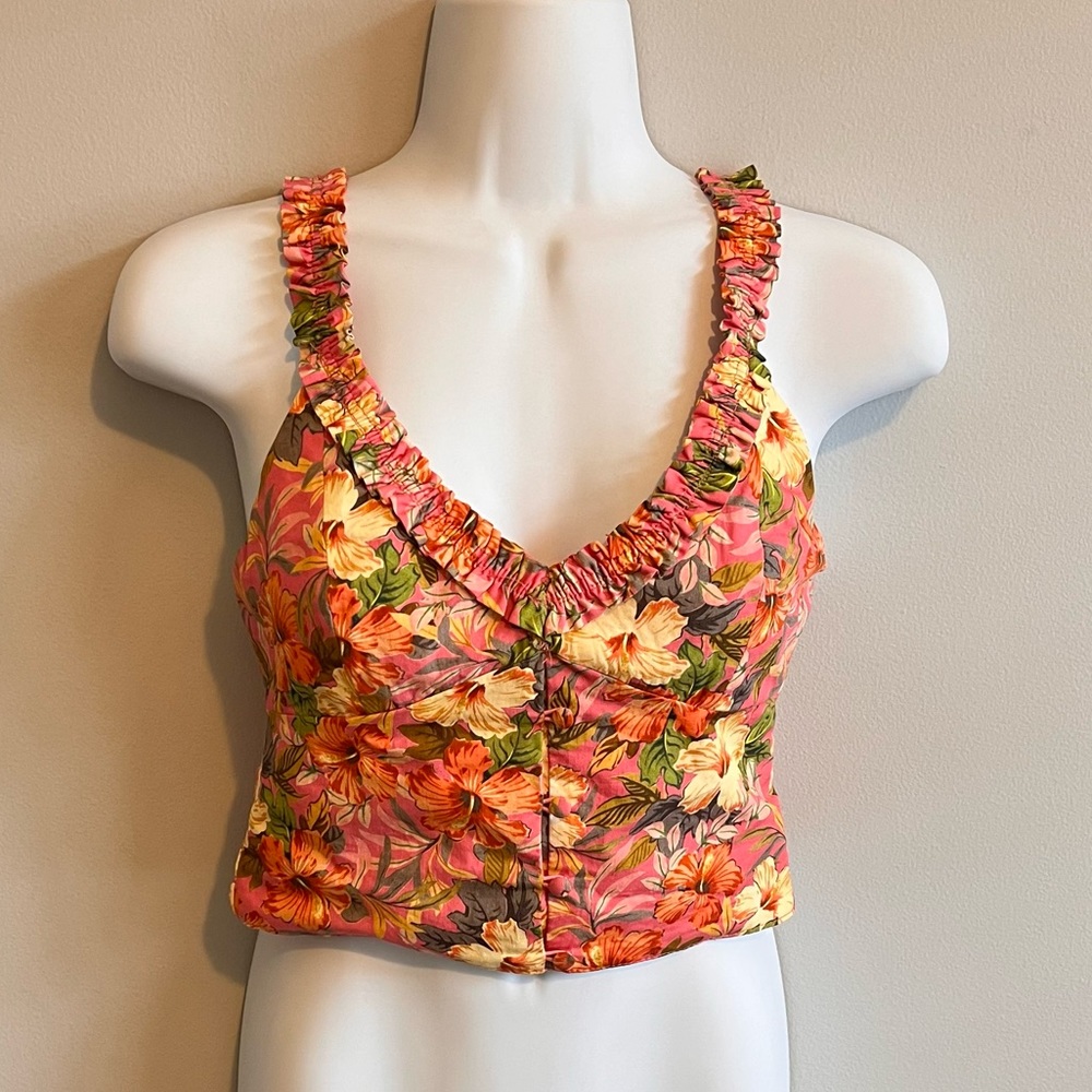 Zara S Multicolor Floral Cropped Tank Top Side Zipper Elastic Back